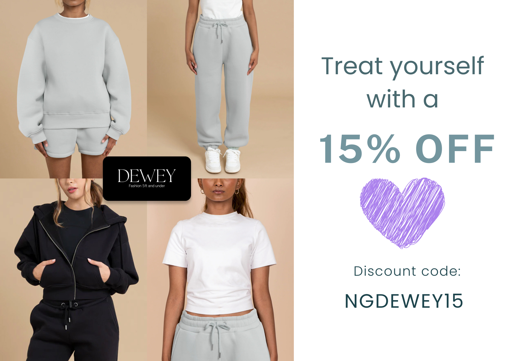 Quad of images showing Dewey products with discount code NGDEWEY15 for 15% off